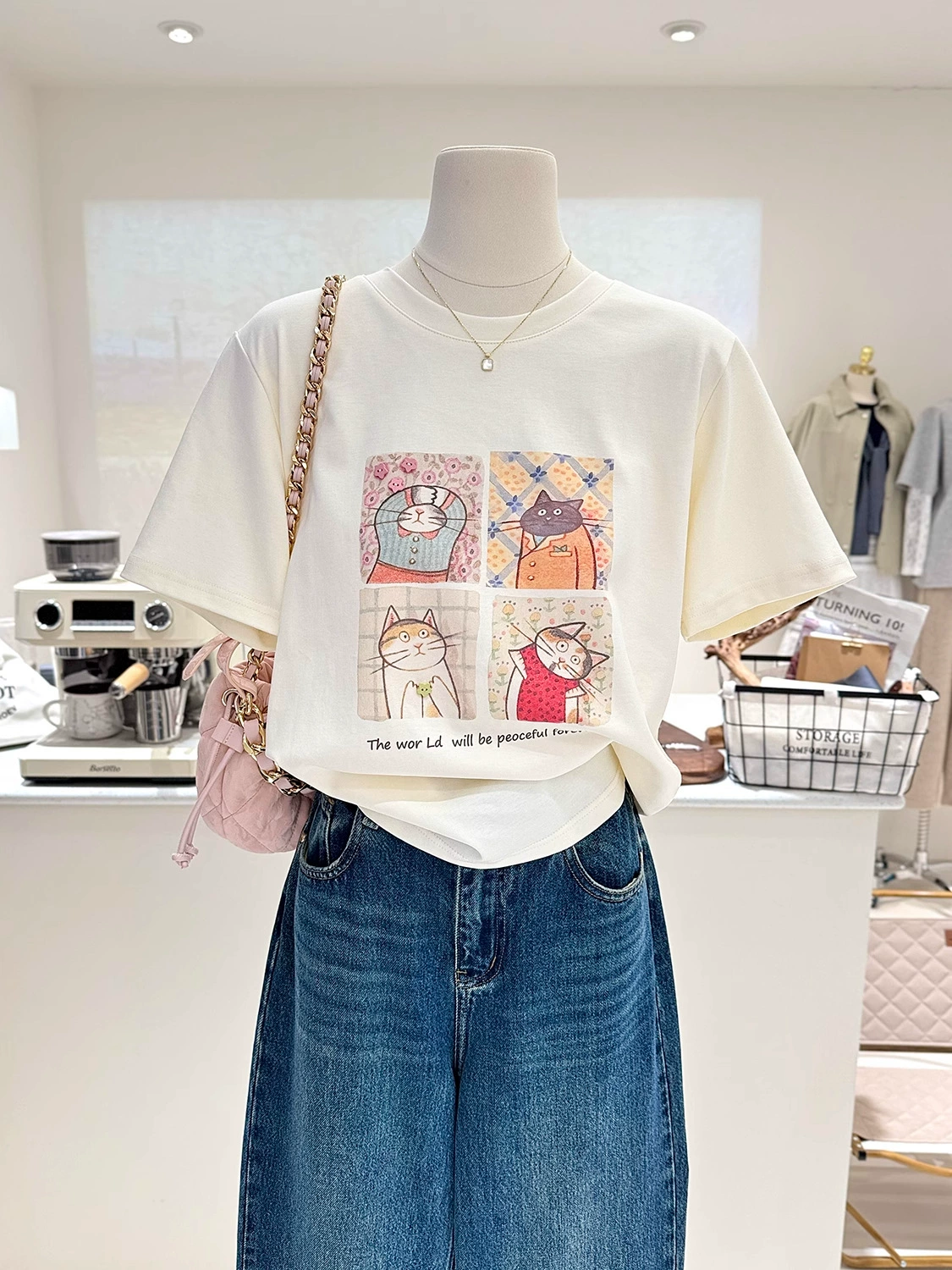 Новая летняя свободная рубашка с короткими рукавами и принтом, корейская универсальная футболка с рисунком котенка, женский топ с половиной рукавов