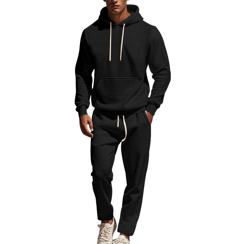 Men's Clothing heavy jacquard small square long sleeved trousers hooded suit _voghion.com