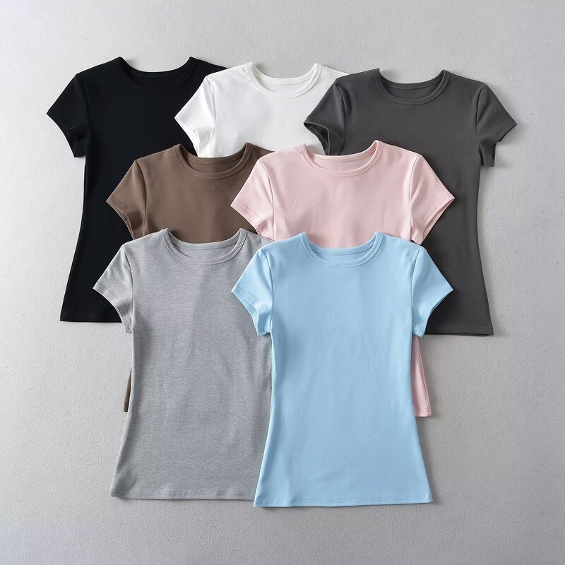 ins basic shoulder short-sleeved T-shirt for women 2024 Summer new elastic slim bottoming short-sleeved top ins basic shoulder short-sleeved T-shirt for women 2024 Summer new elastic slim bottoming short-sleeved top