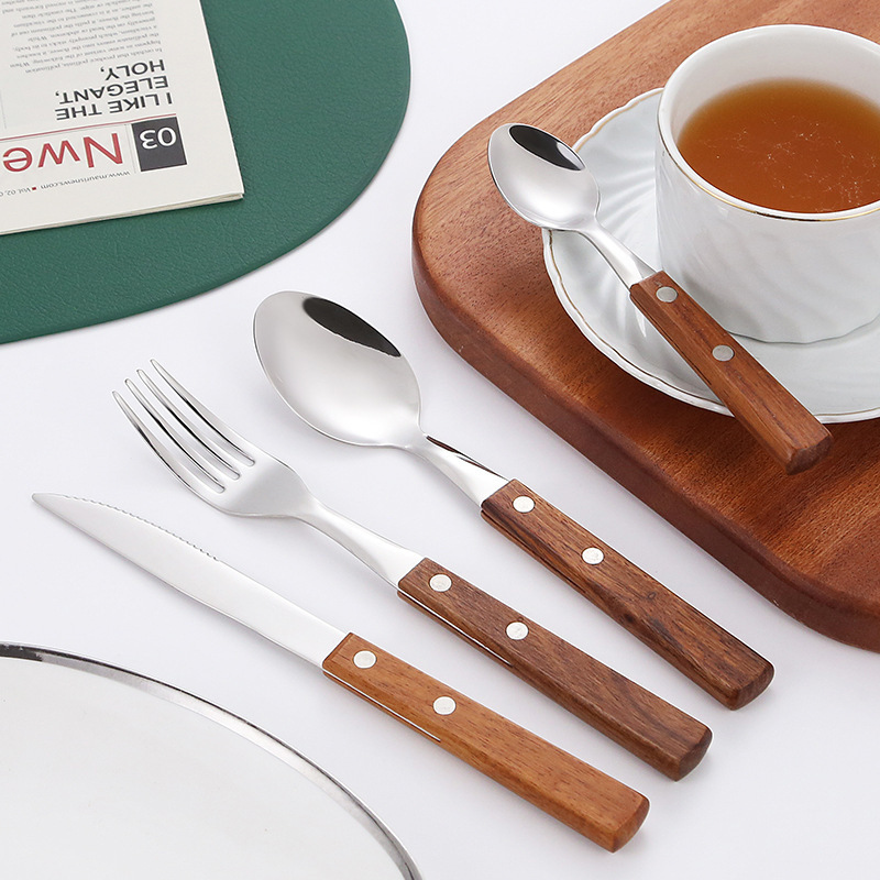 Transfronterizo Amazon 304 flores de madera de pera cubiertos de acero inoxidable mango de madera sólida cuchillo y tenedor cuchara set hotel hogar cuchillo y tenedor
