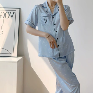 冰丝睡衣女款冰丝高级感维秘V睡衣短袖长裤家居服女款套装可外穿