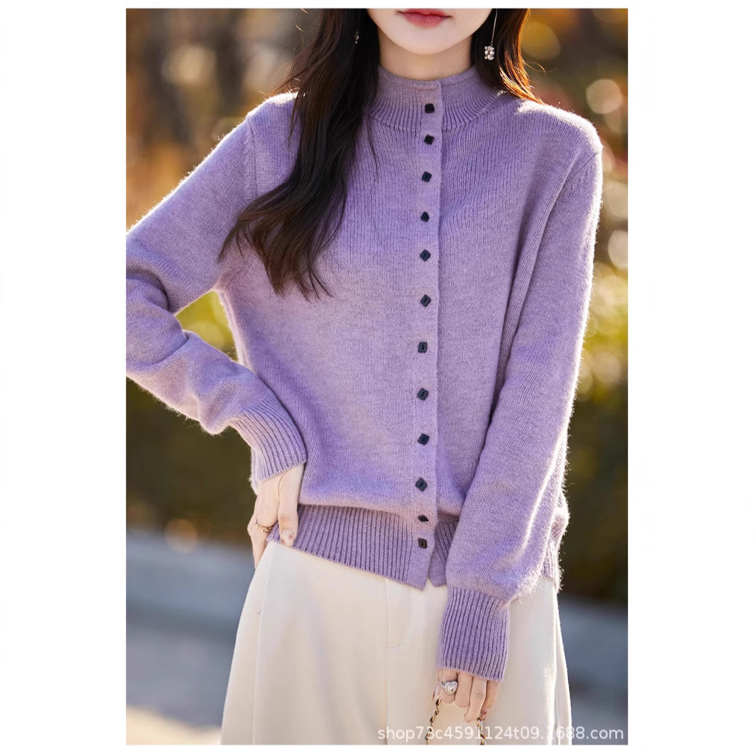 부드러운 스타일 높은 목 단일 가슴 단색 니트 카디건 여성의 2024 가을 및 겨울 새로운 느슨한 올 매치 스웨터 탑