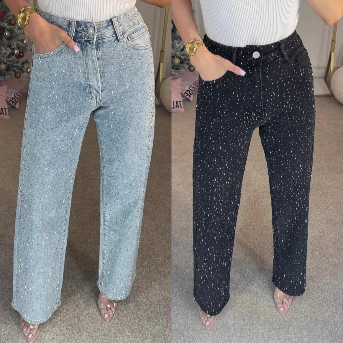 Foreign Trade European and American Amazon Women's Fashion Full Rhinestone Washed Denim Jeans, High-Waisted Straight-Leg Pants with a High-End Feel for Women, Trendy Long Pants