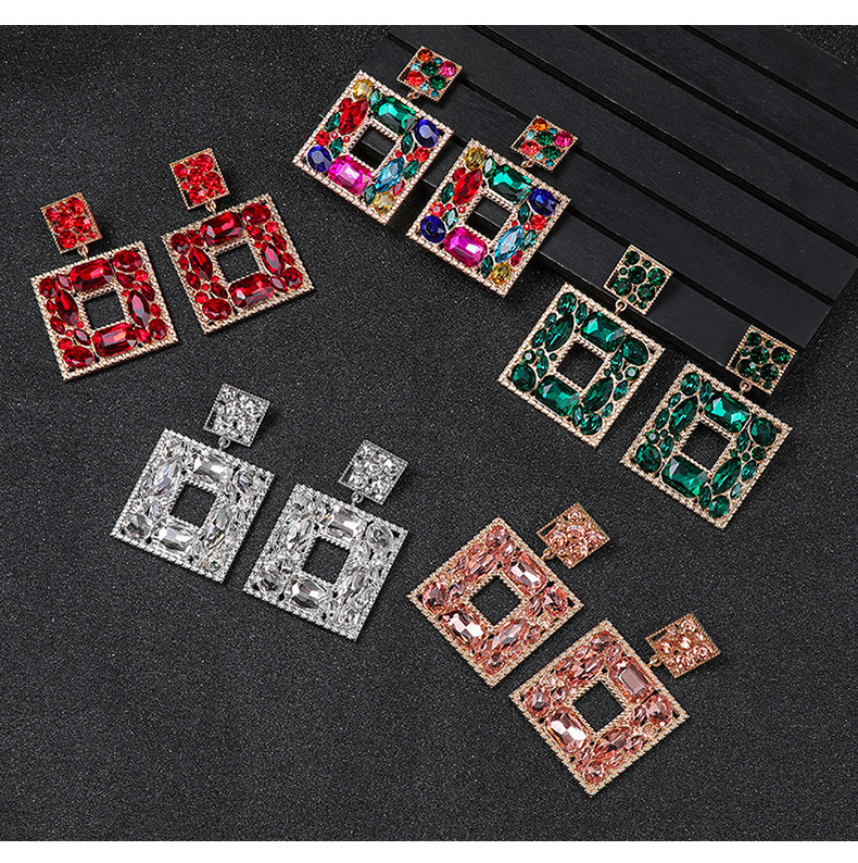 40g Weight Rhinestones Inlay Material Earrings Classification Exaggerated Square Alloy Inlay Rhinestones Women's Earrings 1 Pair