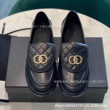 当天发小稥风乐福鞋女2025春季新款圆头书包扣黑色菱格百搭皮鞋女