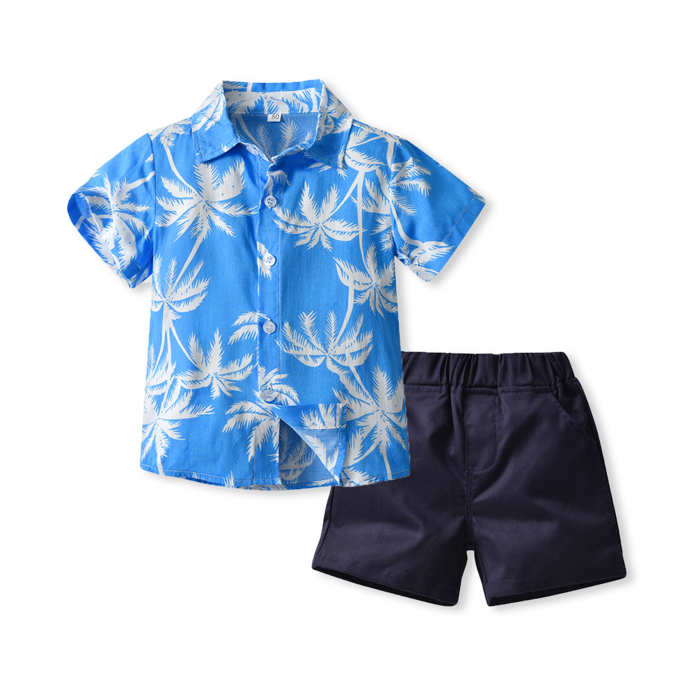 Camisa floral de manga corta de verano, pantalones cortos para niños, bebé casual de dos piezas, ropa para niños de comercio exterior, ropa de playa multicolor, lote caliente
