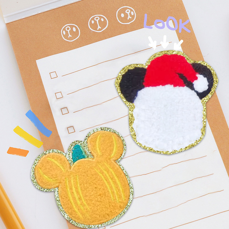 惠州刺绣工厂圣诞万圣节米奇南瓜色毛巾绣图案刺绣贴布贴补丁布贴