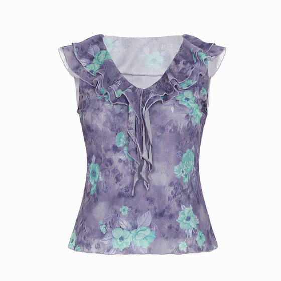 Ins European and American Cross-border Retro Printing Contrast Color Ruffled Stitching Slim-fit Sleeveless Spice Girl Small Vest 2025 New