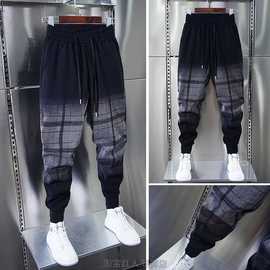 潮牌春秋季新款渐变色男士牛仔裤薄款潮流格子宽松弹力束脚哈伦裤