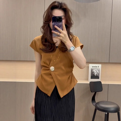 Gejiaショッピングモールの女性服2025夏の新しいファッション通勤年齢軽減ウエスト痩身シックな半袖トップス