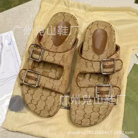G Home Double Buckle Slippers Women's 2025 New Outer Wear Flat Metal Buckle Embroidered Letter Sandals Belt Buckle Sandals Love