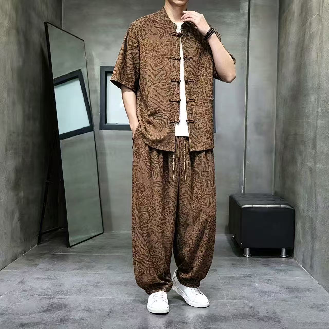 Summer New Chinese Style Men's Suit Short-sleeved Button-down Loose Casual Two-Piece Set with Chinese Style Printed Trousers