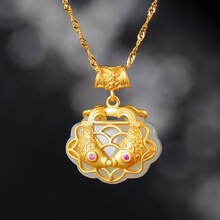 天然和田玉平安锁吊坠复古女款双鱼白玉宝宝锁金镶玉新中式