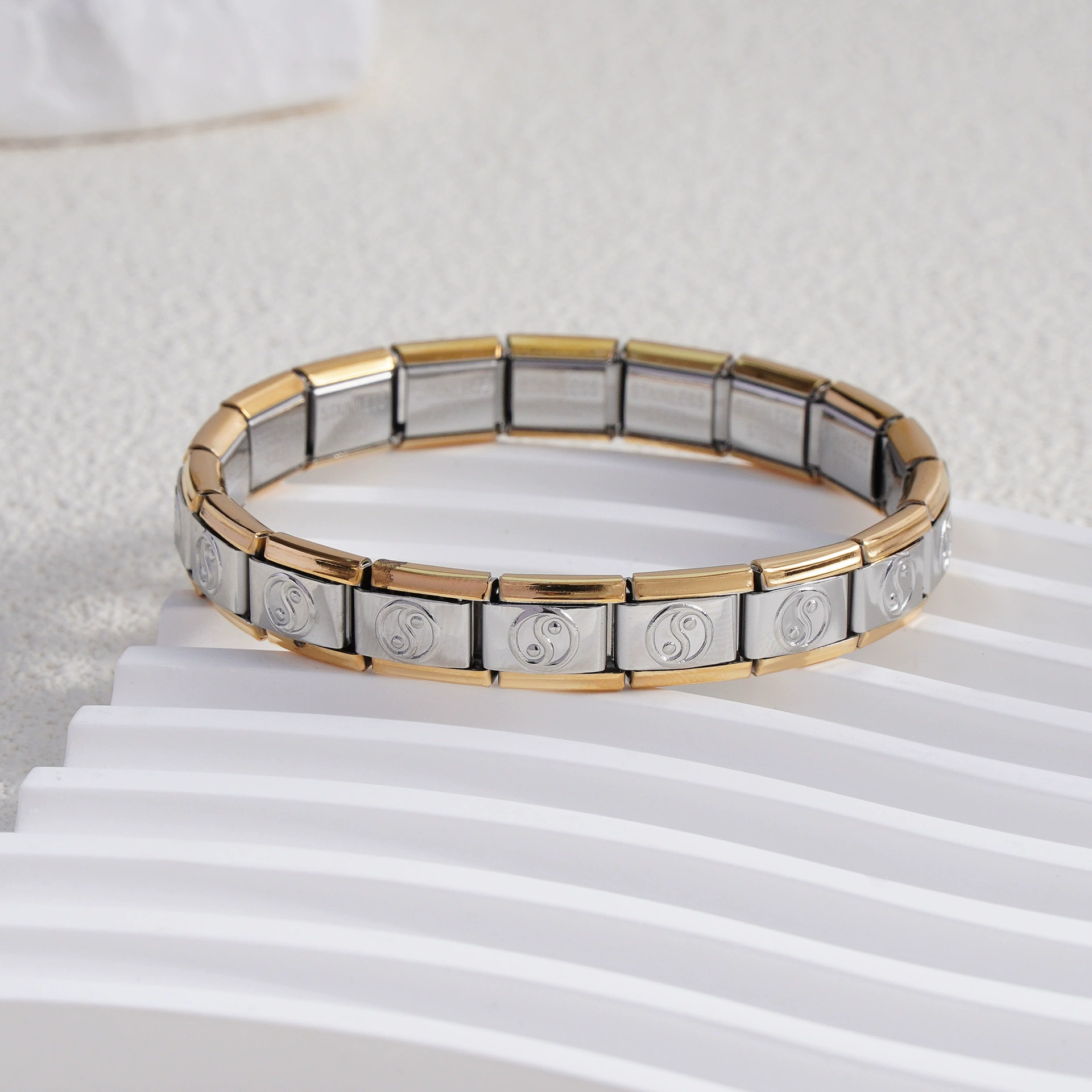 stainless steel bracelet, removable elastic link watch strap, italian european style, assorted charms