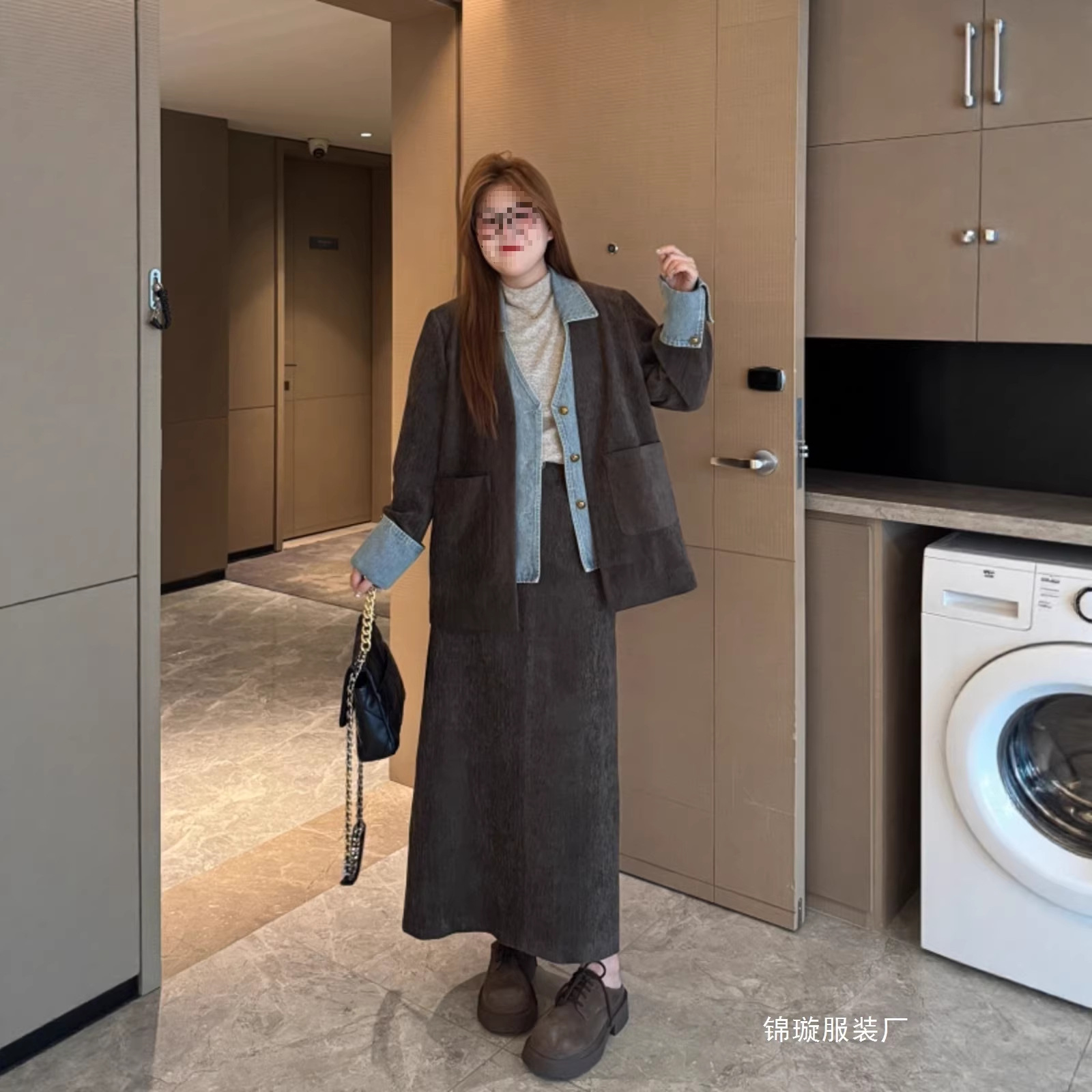 南岛风大码女装拼接牛仔雪尼尔外套春秋巨显瘦半身裙胖mm微胖批发