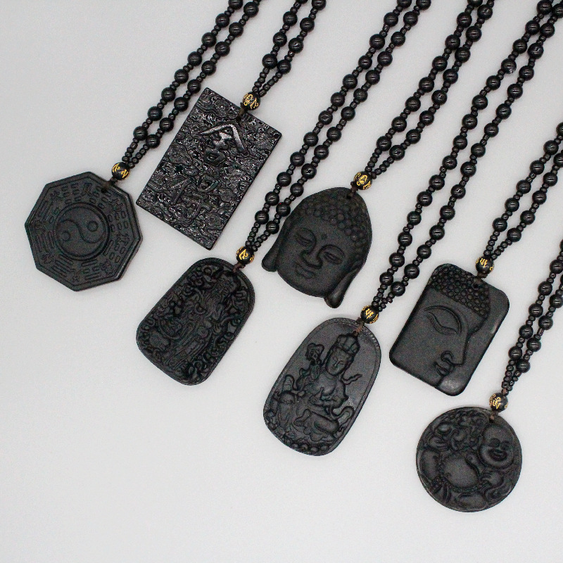 Imitation Obsidian Bagua Pendant Yin-Yang Five Elements Tai Chi Guan Gong Fortune God Men's Zodiac Year Wealth-Attracting Necklace