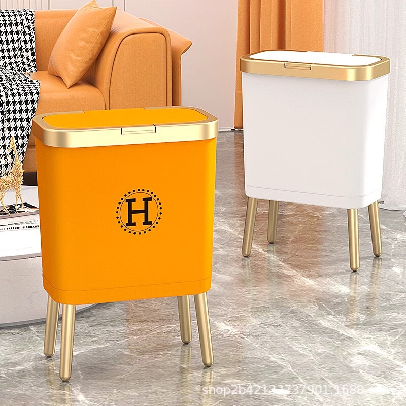 High Foot Trash Bin Home Kitchen Large Large Capacity Living Room Light Luxury with Lid Bumper Lid Press Cream Creative Trash Bin