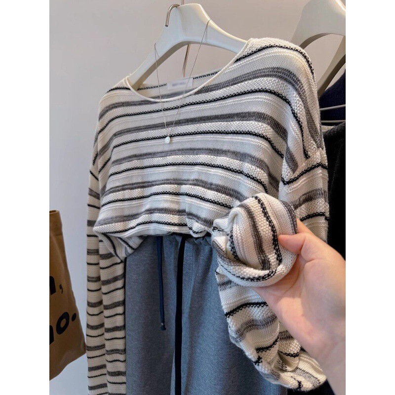 American Retro Striped Knit Long-Sleeve Thin Top for Women, Spring Style Round Neck T-Shirt, Ice Silk Cool Sun-Protective Cover-Up American Retro Striped Knit Long-Sleeve Thin Top for Women, Spring Style Round Neck T-Shirt, Ice Silk Cool Sun-Protective Cover-Up