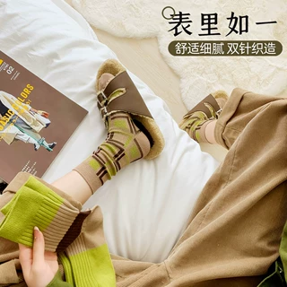 抖音袜子ins潮森系绿色复古袜子女 秋冬保暖双针刺绣中长筒堆堆袜