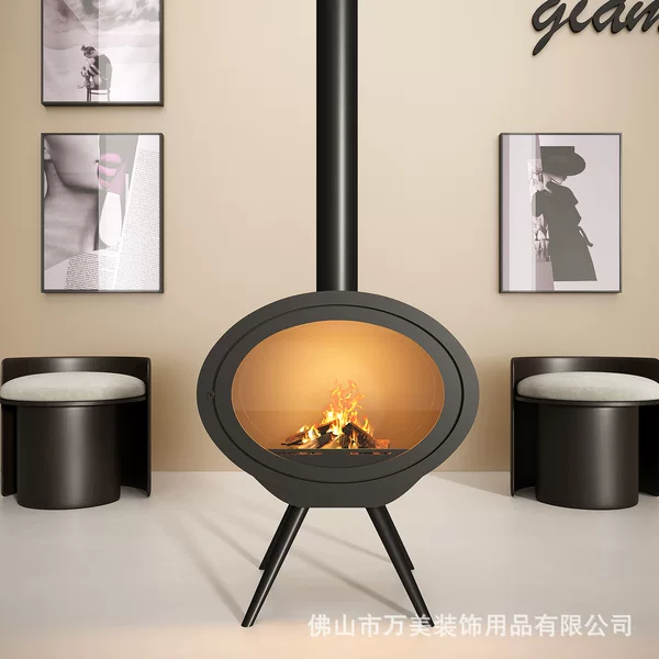 Three-legged, oval-shaped, freestanding wood-burning fireplace with hanging fire, featuring a simple and artistic design, suitable for hotel model rooms