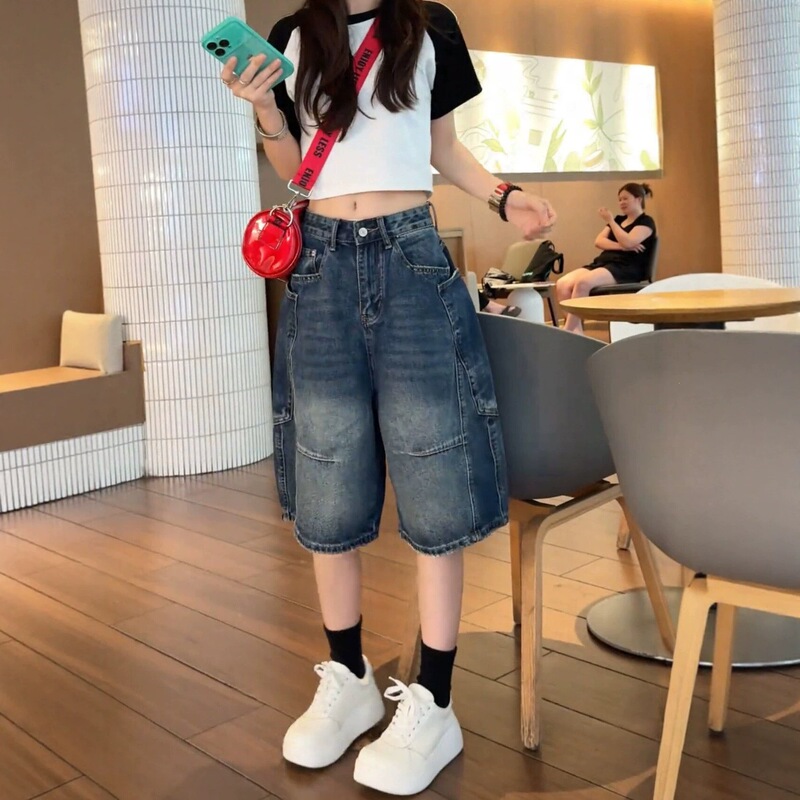 【Han Niu】High-waisted denim shorts for women, vintage large-pocket cropped denim shorts, slimming balloon wide-leg pants for women 【Han Niu】High-waisted denim shorts for women, vintage large-pocket cropped denim shorts, slimming balloon wide-leg pants for women