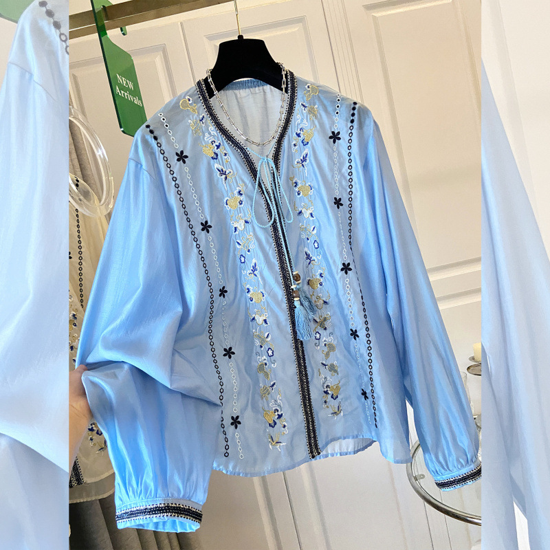 Bohemian Embroidered V-Neck Tie Shirt for Women, Spring and Autumn, Plus Size, Flattering and Slimming Blouse