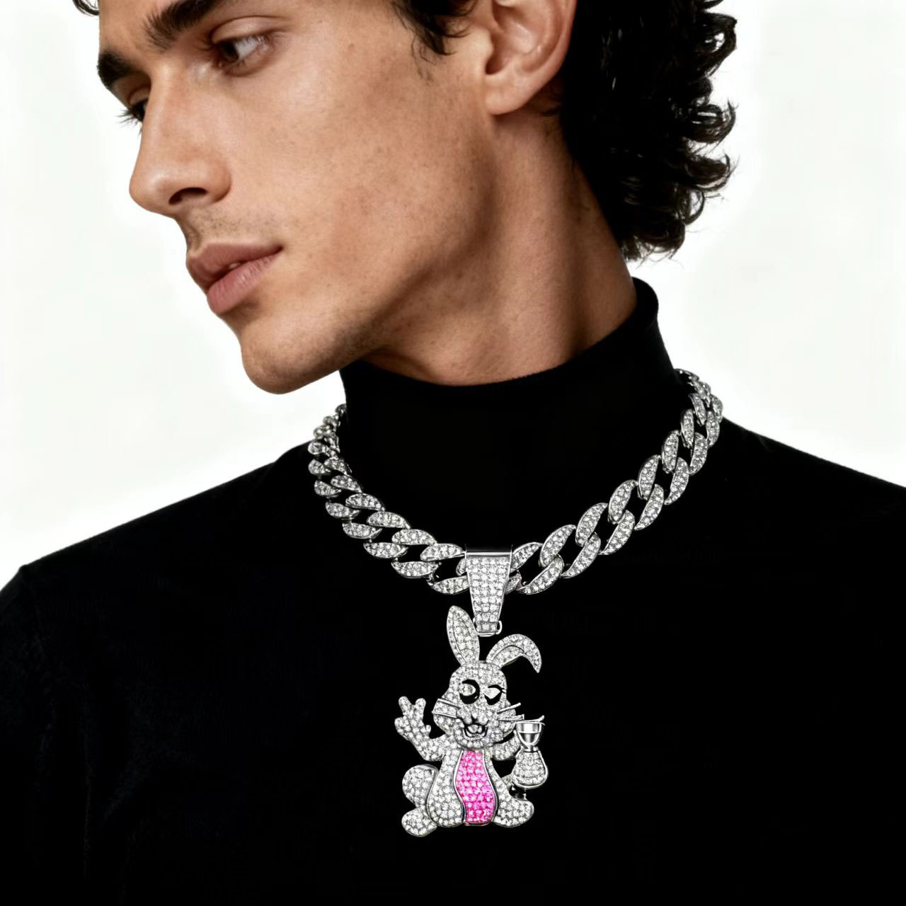 Hip-Hop estilo personalidad diamantes goteo de aceite dibujos animados colgante conejo collar cadena cubana accesorios de moda moda collar
