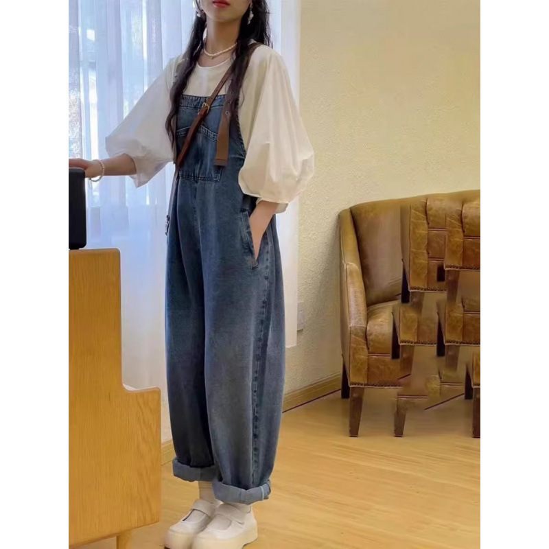 微胖mm时髦套装小个子穿搭春秋泡泡袖上衣水洗牛仔背带裤两件套女|undefined