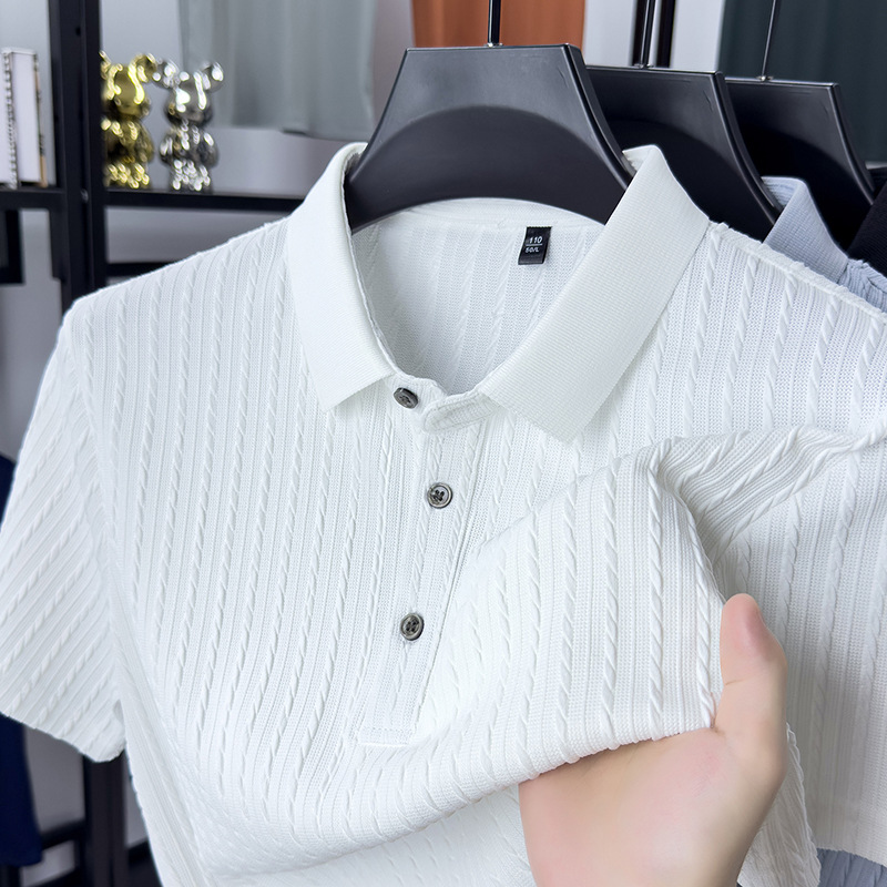 Summer Lapel Short-Sleeved Ice Silk Quick-Drying Polo Shirt Men's Top Cool Breathable Vertical Striped Jacquard T-Shirt for Men