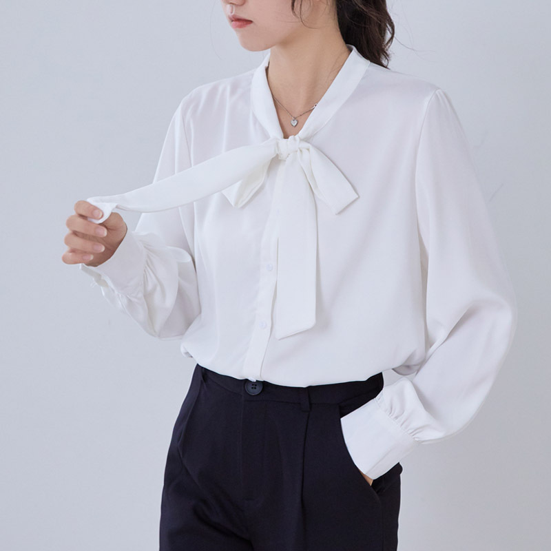 리얼샷 새틴 기질 쉬폰 셔츠 초가을 긴팔 통근 전문 셔츠 기질 리본 탑