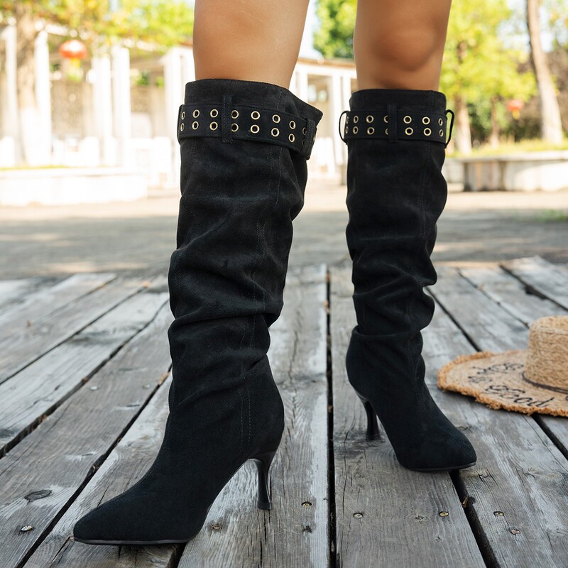 Stiletto Pleated Suede European and American Knee-High Boots 25 New Large Size Versatile Women's Boots Export Women's Boots Cross-Border Wholesale