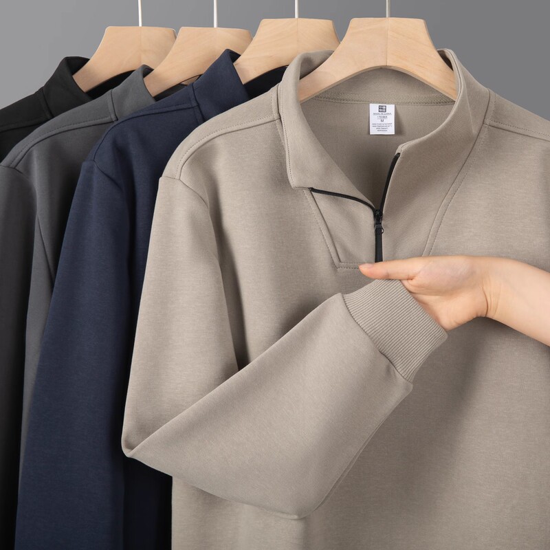 This Year's New Half-Zip Stand-Collar Sweatshirt for Men, Spring and Autumn Solid Color Long-Sleeve T-Shirt, Cotton Collared Top, Trendy This Year's New Half-Zip Stand-Collar Sweatshirt for Men, Spring and Autumn Solid Color Long-Sleeve T-Shirt, Cotton Collared Top, Trendy