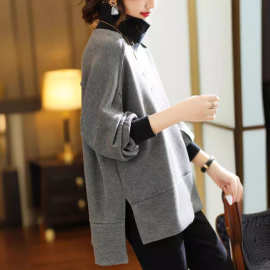 欧洲站休闲简约拼接设计感空气层撞色显瘦高领卫衣潮2023春秋新款