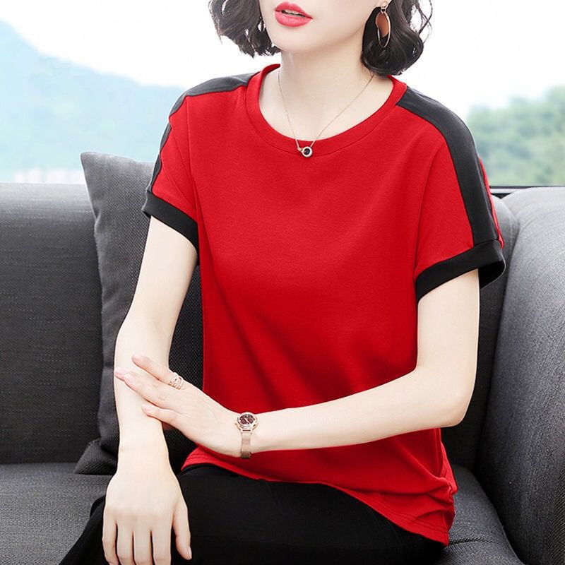 Loose Short-sleeved T-shirt Women's New Spring Women's Top Women's Fashionable Round Neck Stitching Contrast Color Base Shirt Women's Trendy