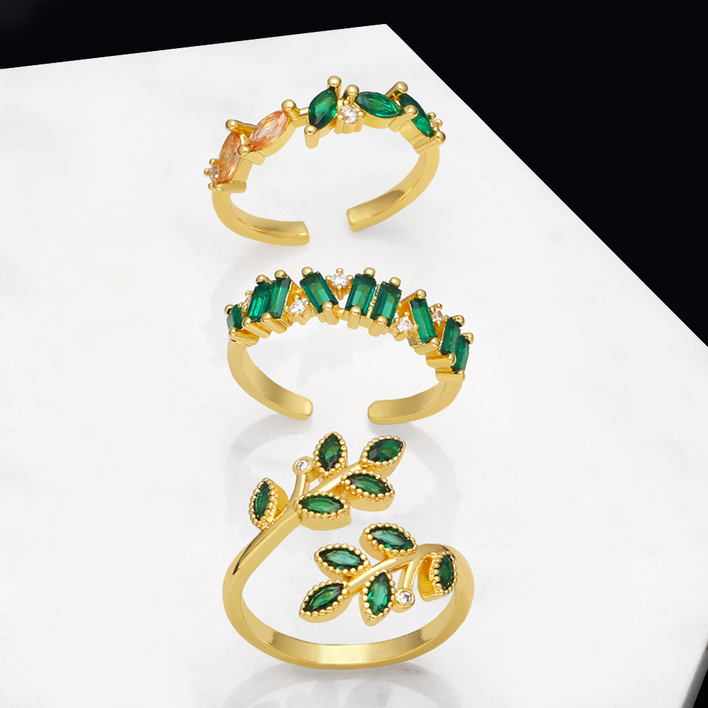 Fashion Leaf Copper Open Ring Plating Inlay Zircon Copper Rings