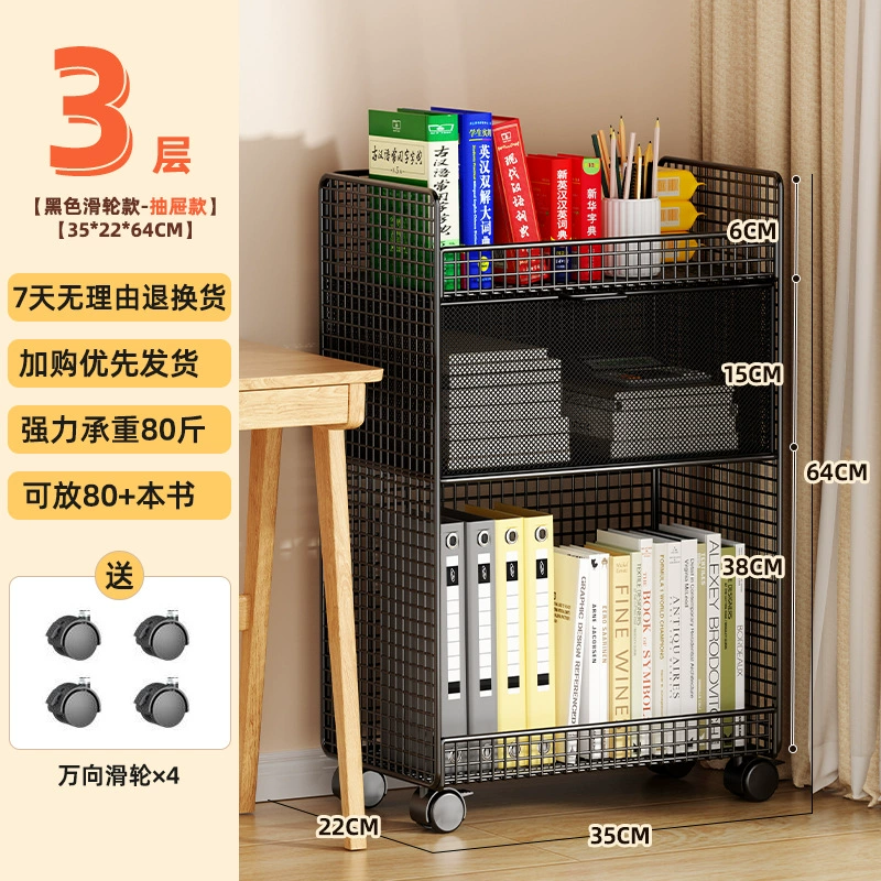Small movable bookshelf, desktop-to-floor storage with wheels, multi-tier compact organizer