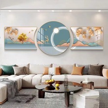 現代簡約客廳裝飾畫新款圓形大氣輕奢沙發背景牆掛畫鑲鑽三聯壁畫