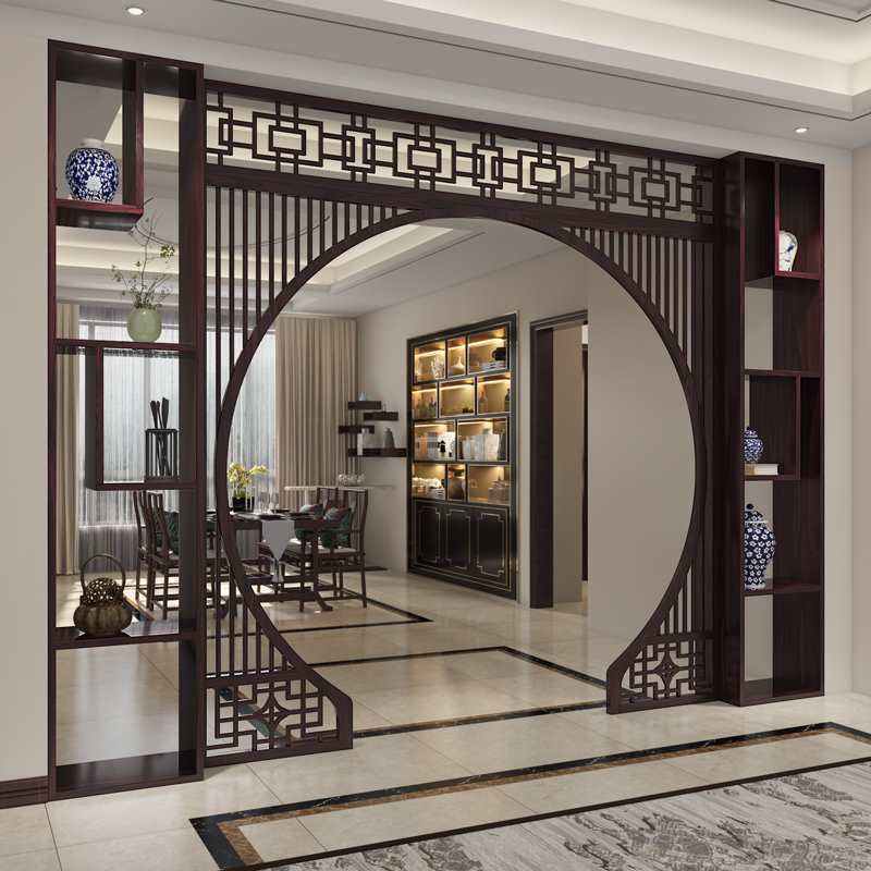Screen Partition Living Room Entrance Moon Door Arch Display Cabinet Solid Wood Log Entrance Door Ancient Chinese Style