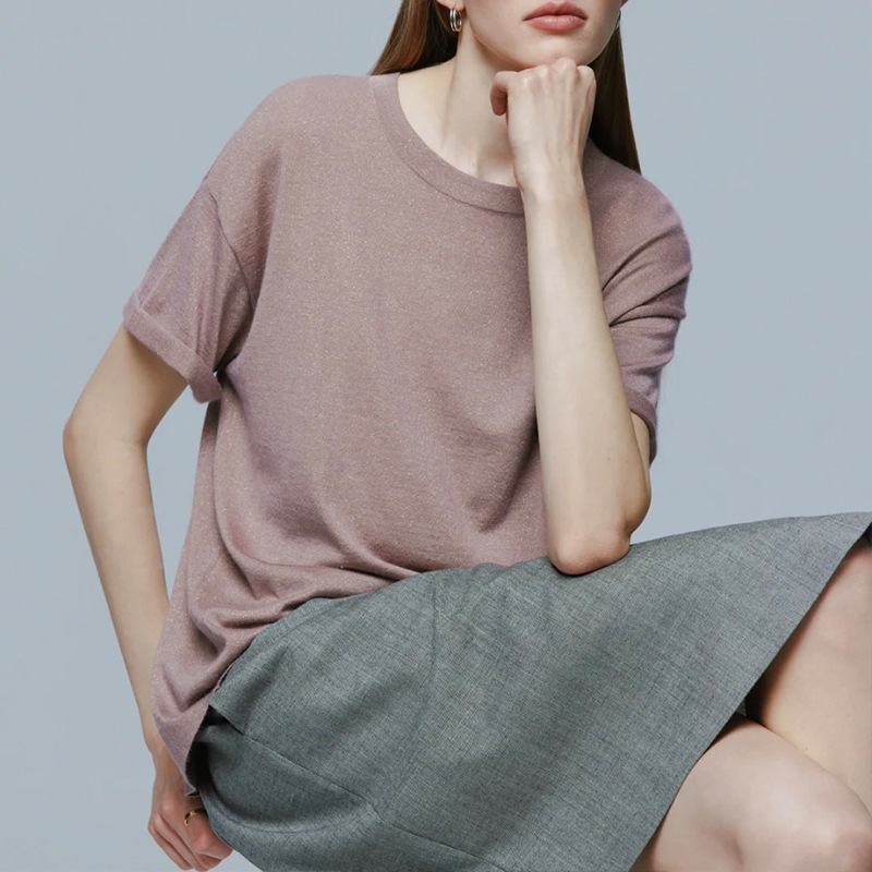 Italian BC Elegant All-match Italian Luxury Aristocratic Silk Cashmere Blend Gold and Silver Silk Dark Flash Sleeve Knitted T-shirt