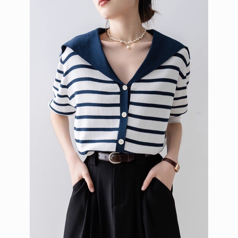 Women's Summer Thin Chic Color-Block Blue Striped Cardigan with Sailor Collar, Ice Silk Knitwear, New Short-Sleeve Top Women's Summer Thin Chic Color-Block Blue Striped Cardigan with Sailor Collar, Ice Silk Knitwear, New Short-Sleeve Top