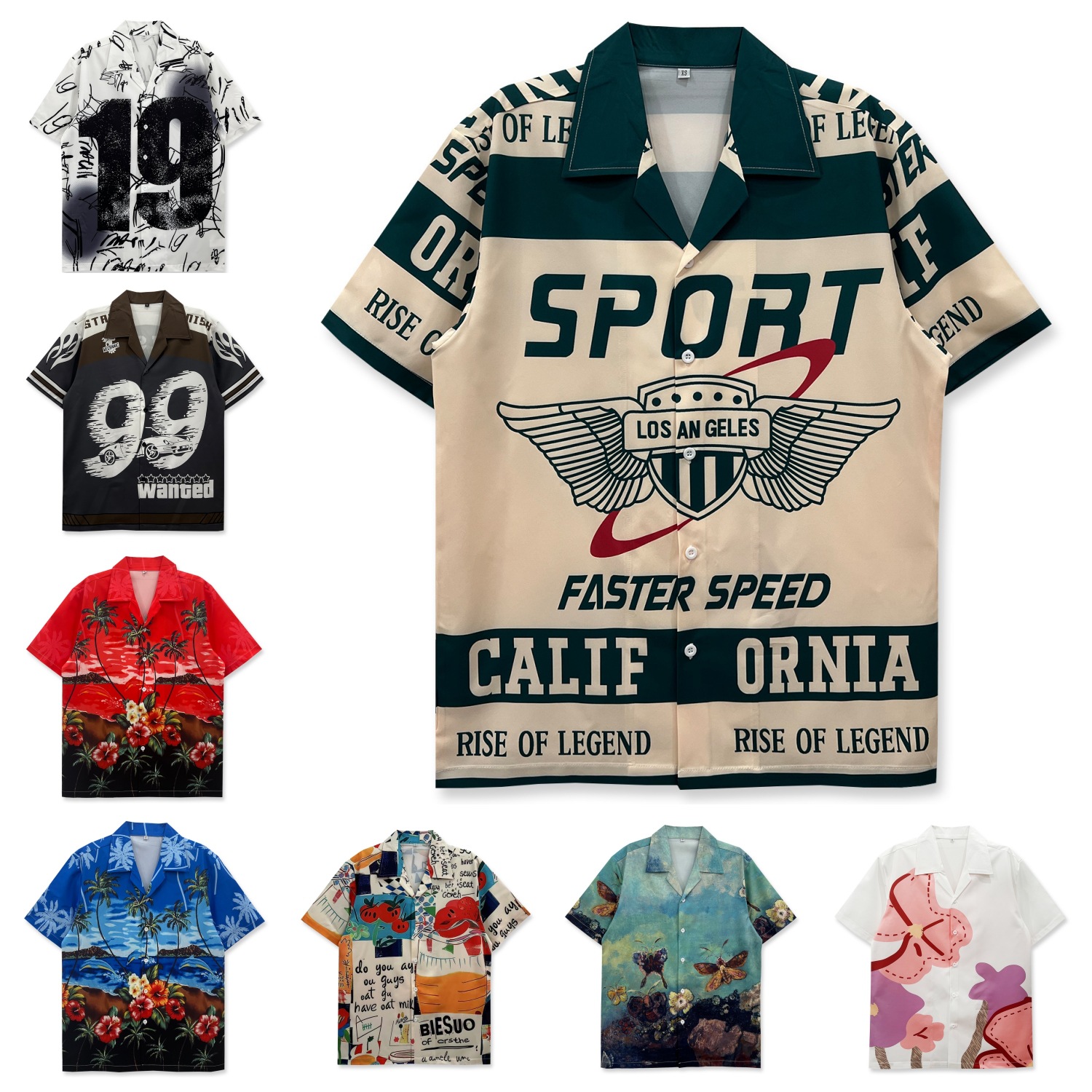 Cross-border Trendy Brand Hot Selling European Size Short Sleeve Printed Shirt Men's Classic Retro Hong Kong Style Beach Loose Shirt for Couples Women