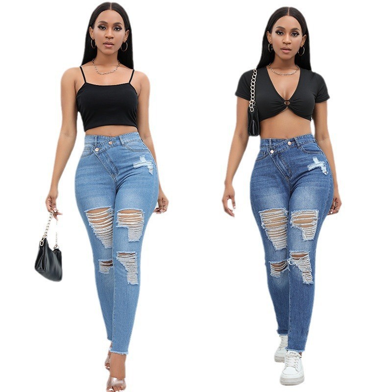 New Fashion Denim Ripped Long Pants, Sexy High-Waisted European And American Slim-Fit Pants For Women 2023_ecoleips.com