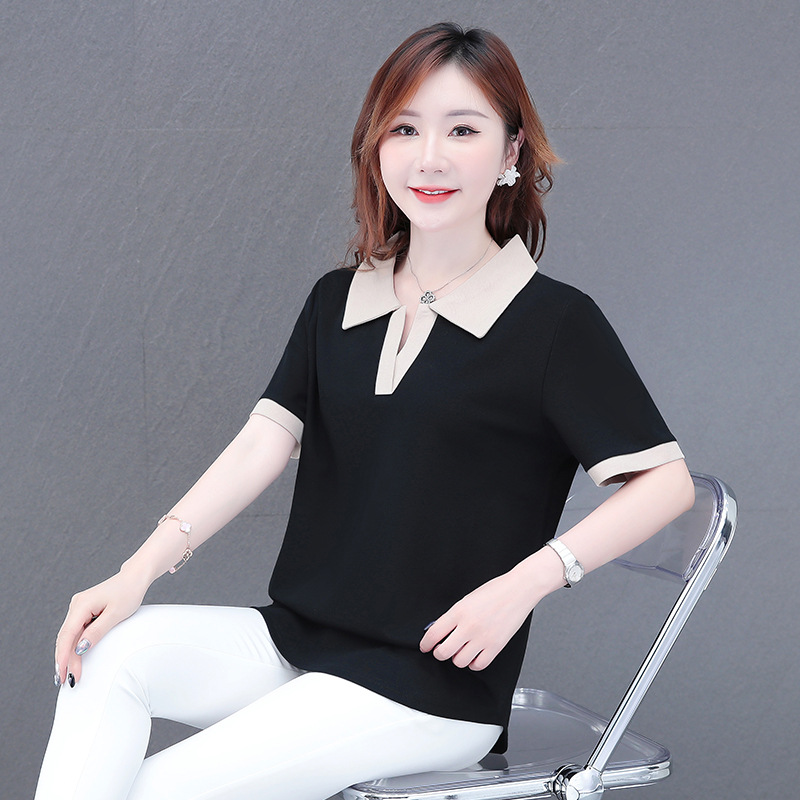 レディース ポロシャツ 配色襟がおしゃれなゆったりレディース半袖ポロシャツ
