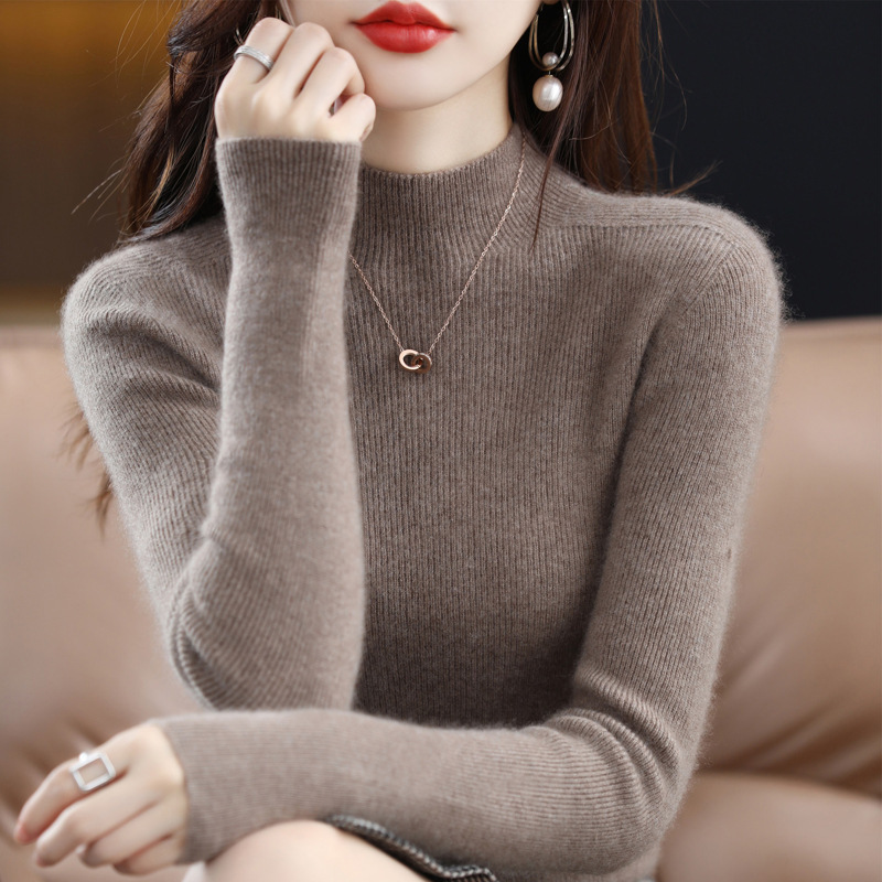 Autumn and Winter Australian Wool Sweater One-Line Ready-To-Wear Half Turtleneck Wool Sweater Women's Tight Sweater Pullover Bottoming Knitwear Autumn and Winter Australian Wool Sweater One-Line Ready-To-Wear Half Turtleneck Wool Sweater Women's Tight Sweater Pullover Bottoming Knitwear