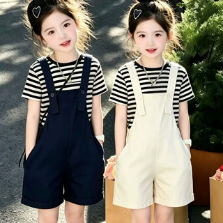 女童森系牛仔背带裤套装2026夏季新款儿童洋气韩版条纹上衣连体裤