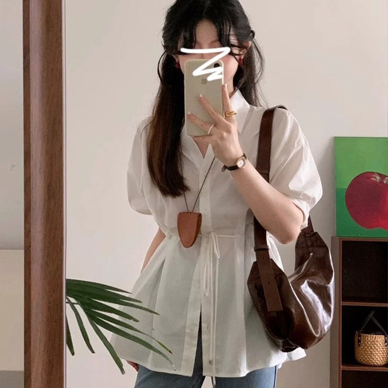 Foreign Trade Cross-Border Design Sweet Style Lace-Up Short-Sleeved Shirt New Women's Summer Chiffon French Mid-Length Top