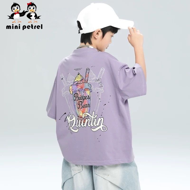 New summer short-sleeved printed cotton T-shirt for boys, suitable for medium and large children, perfect for parents and children, trendy Korean style.