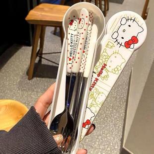 Cute Cartoon Hello Kitty Chopsticks Spoon Three-piece Set Stainless Steel Office Worker Student Travel Tableware gh Default Item