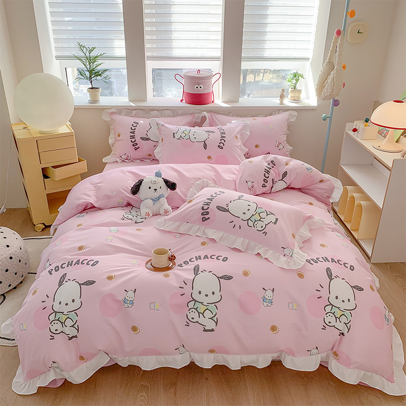 三丽鸥纯棉花边款四件套全棉公主风卡通HelloKitty床单被套床裙款|undefined
