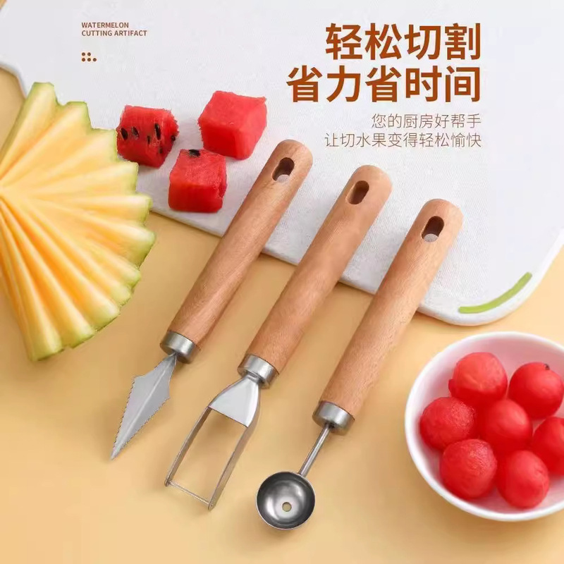 In-Stock Watermelon Slicer Stainless Steel Fruit Divider Watermelon Cutting Tool Dicing Tool Ball Scooper Carving Knife